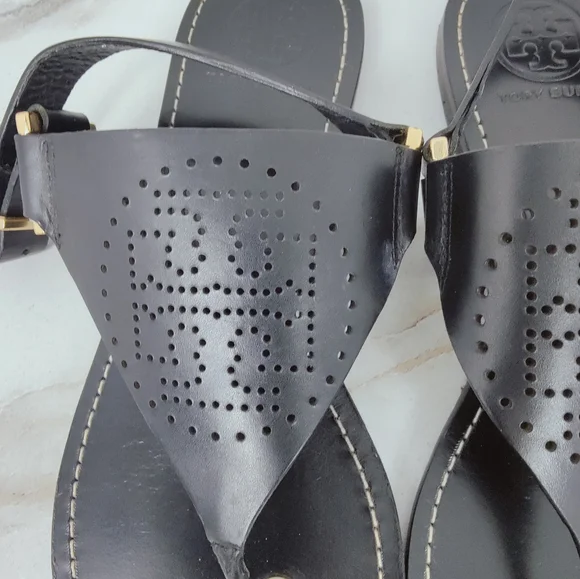 EUC Tory Burch Black Perforated Leather Logo Thong Sandals, Sz 7 - Picture 3 of 9